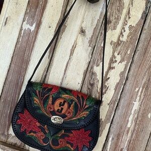 Unique Floral Embossed   Black Leather Bag